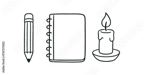 Outline sketch time icon isolated on white background pencil notebook and candle clean black and white line art with slightly hand drawn strokes artistic calm routine style