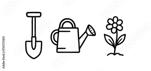 Outline flower garden icon isolated on white background shovel watering can and blooming plant clean black and white line art with slightly hand drawn strokes calm outdoor mood style
