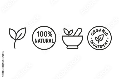 monochrome minimal icon 4 isolated on transparent background clean outline vector style natural source theme including botanical leaf outline 100 percent natural badge herb product icon and