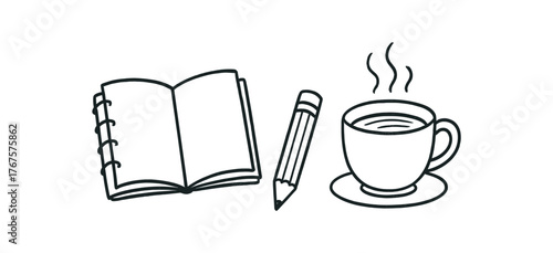 Outline cozy drawing icon isolated on white background sketchbook pencil and tea cup clean black and white line art with slightly hand drawn strokes peaceful art hobby style