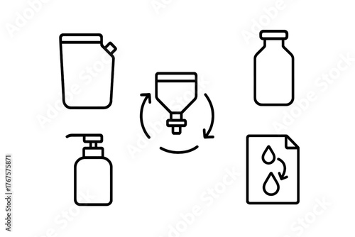 monochrome minimal icon 5 isolated on transparent background clean outline vector style refill and reuse cycle theme including refill pouch bulk dispenser returnable container pump bottle