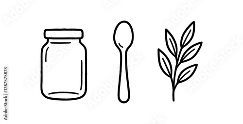 Outline kitchen craft icon isolated on white background glass jar spoon and herbs clean black and white line art with slightly hand drawn strokes handmade food style