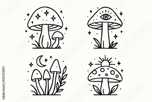 4 outline forest mushrooms with mystical details flat vector illustration style isolated on white background