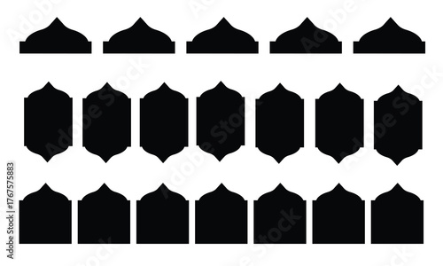 Black decorative frame silhouettes collection  ornate geometric label shapes with pointed tops and symmetrical outlines for modern vector design and templates.