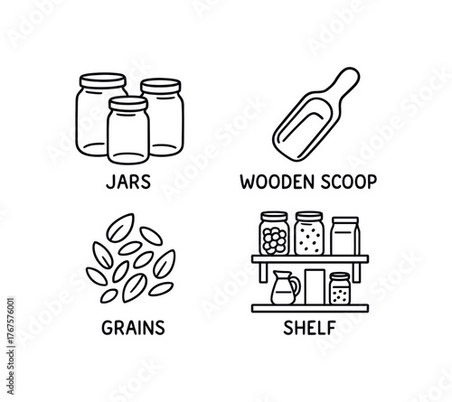 Outline clean pantry icon 4 isolated on white background labeled jars wooden scoop grains and shelf clean black and white line art with slightly hand drawn strokes tidy home organization
