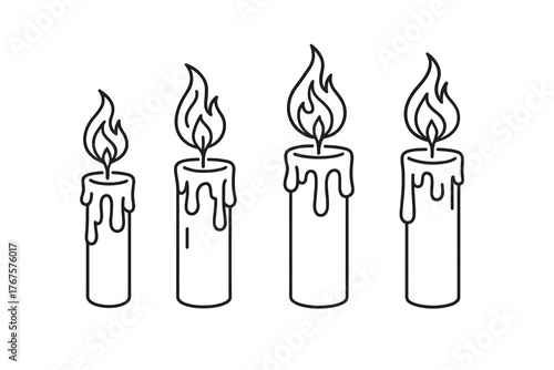 4 outline candles with dripping wax and magical flames flat vector illustration style isolated on white background