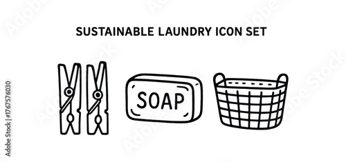 Outline sustainable laundry icon isolated on white background wooden clips laundry bar and basket clean black and white line art with slightly hand drawn strokes clean conscious home style