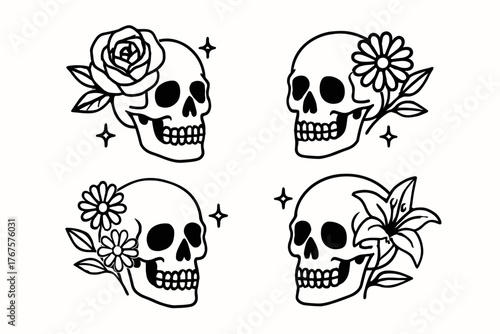4 outline skulls with flowers and starburst accents flat vector illustration style isolated on white background