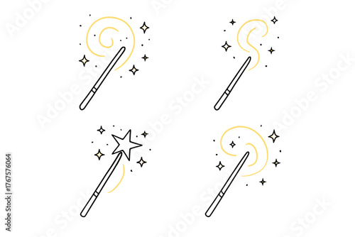 4 outline magic wands with glowing trails and sparkles flat vector illustration style isolated on white background