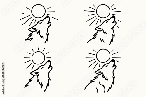 4 outline wolves howling at the moon with starburst aura flat vector illustration style isolated on white background