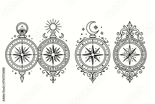 4 outline compasses with decorative details and mystical symbols flat vector illustration style isolated on white background