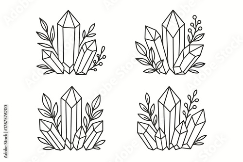 4 outline crystals combined with plants and leaves flat vector illustration style isolated on white background