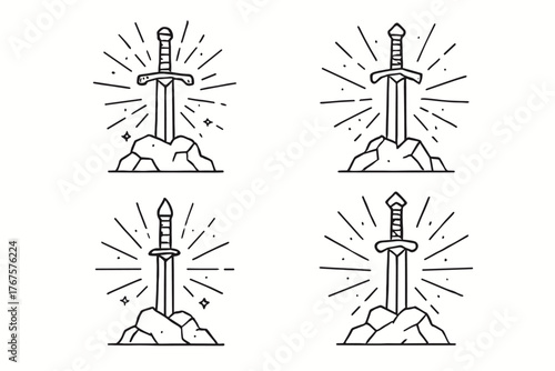 4 outline swords stone with magical glow and energy rays flat vector illustration style isolated on white background
