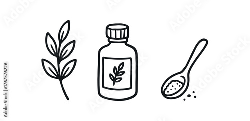 Outline herbal care icon isolated on white background plant sprig bottle and spoon clean black and white line art with slightly hand drawn strokes natural wellness style