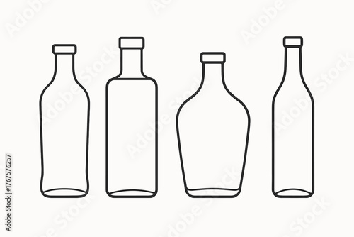 4 outline glass bottles with varied neck shapes and sizes flat vector illustration style isolated on white background