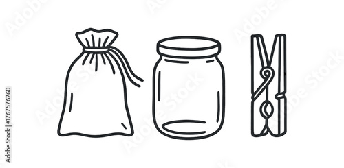 Outline natural storage icon isolated on white background fabric bag jar and wooden clip clean black and white line art with slightly hand drawn strokes sustainable pantry style