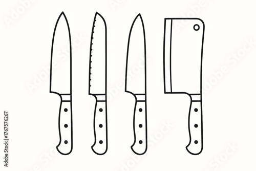 4 outline kitchen knives with different blade styles flat vector illustration style isolated on white background