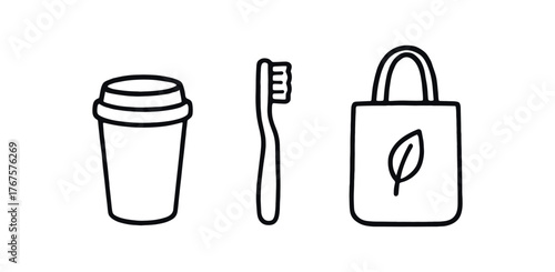 Outline daily eco habit icon isolated on white background cup toothbrush and bag clean black and white line art with slightly hand drawn strokes mindful sustainable daily routine style