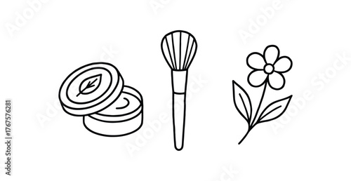 Outline zero contain beauty icon isolated on white background balm tin brush and flower clean black and white line art with slightly hand drawn strokes elegant eco care style