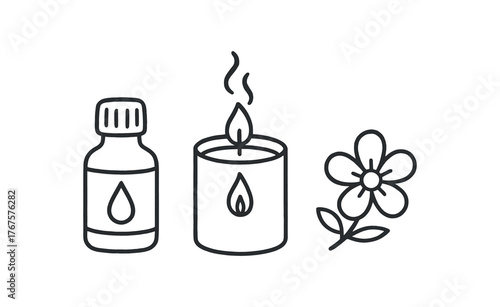 Outline clean scent icon isolated on white background essential oil bottle candle and flower clean black and white line art with slightly hand drawn strokes natural aroma lifestyle style