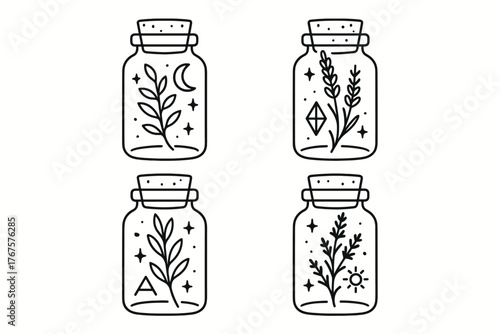 4 outline magical herbs glass jars with sparkles and symbols flat vector illustration style isolated on white background