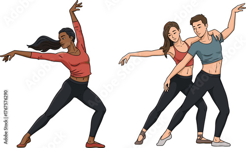 Cartoon dancers performing expressive poses, solo and duet dance, red and blue outfit, vector illustration for choreography, movement, art