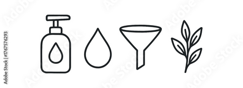 Outline clean refilling bottles icon 4 isolated on white background soap dispenser droplet funnel and herb clean black and white line art with slightly hand drawn strokes calm natural