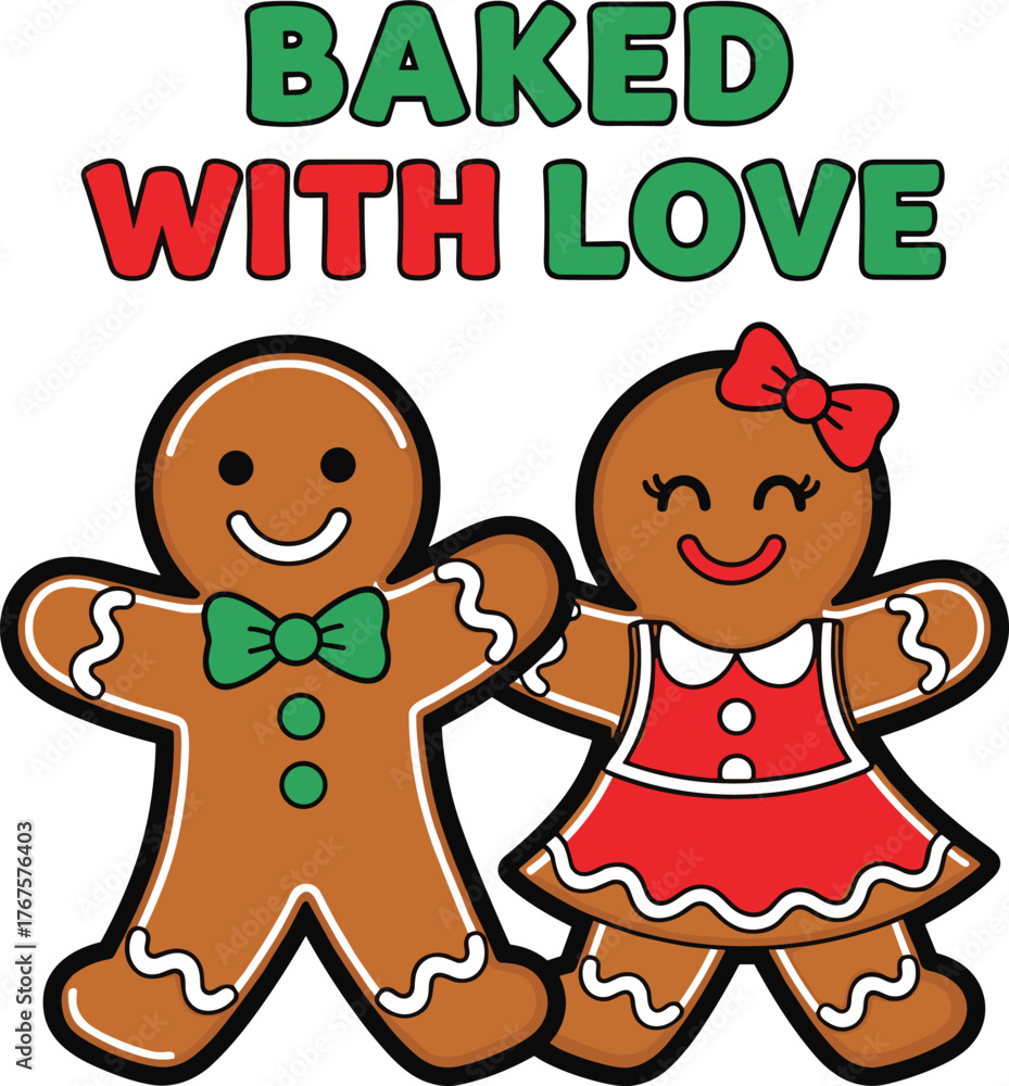 Fototapeta premium Two cartoon gingerbread people, a boy and a girl, holding hands with text Baked With Love christmas cookies