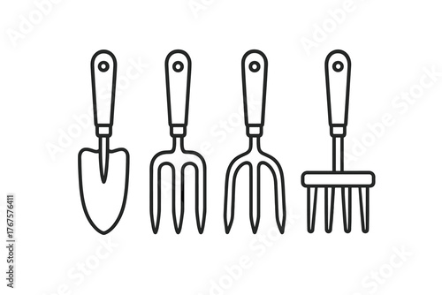 4 outline gardening tools like trowel and rake flat vector illustration style isolated on white background