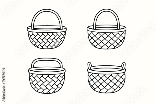 4 outline woven baskets with different handles flat vector illustration style isolated on white background