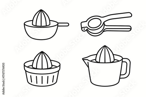 4 outline citrus squeezers and juicers flat vector illustration style isolated on white background