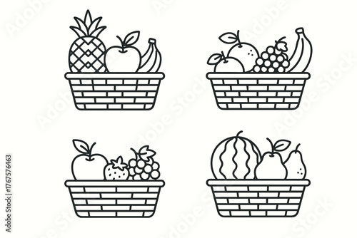 4 outline fruit baskets with assorted produce flat vector illustration style isolated on white background