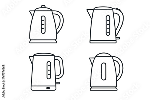 4 outline electric kettles with minimal details flat vector illustration style isolated on white background
