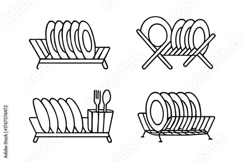 4 outline drying racks for dishes flat vector illustration style isolated on white background