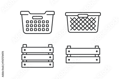 4 outline food storage baskets and crates flat vector illustration style isolated on white background