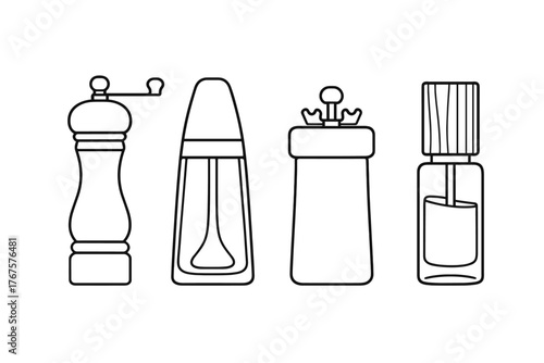4 outline spice grinders with different mechanisms flat vector illustration style isolated on white background