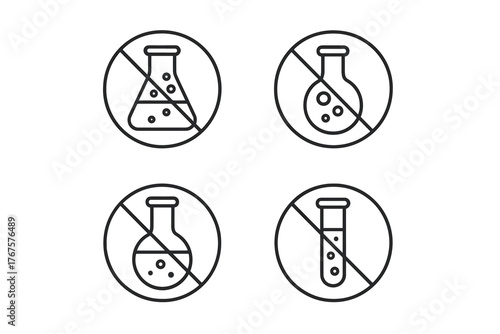 4 outline chemical flasks with forbidden signs for paraben free flat vector illustration style isolated on white background
