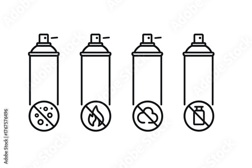 4 outline aerosol spray cans with forbidden symbols for no propellants flat vector illustration style isolated on white background