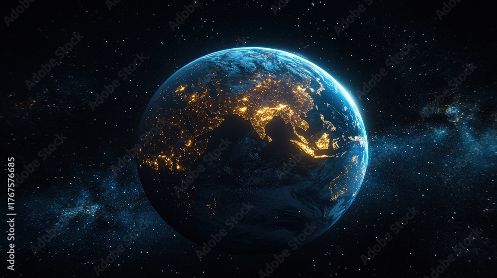 Obraz premium A stunning view of Earth from space, showcasing illuminated cityscapes against a backdrop of stars and galaxies.