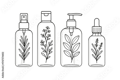 4 outline transparent cosmetic bottles with visible herbs inside flat vector illustration style isolated on white background