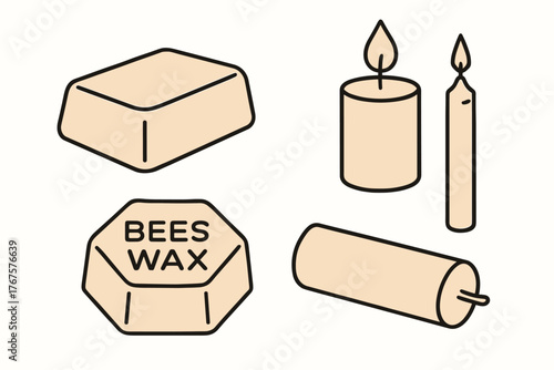 4 outline natural beeswax blocks and candles flat vector illustration style isolated on white background