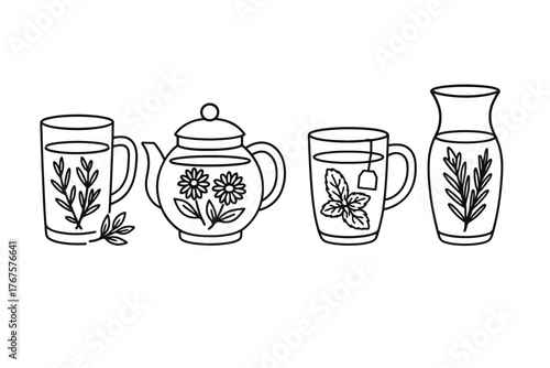 4 outline herbal infusions glass containers flat vector illustration style isolated on white background