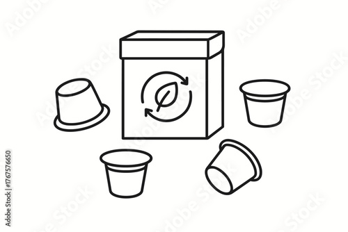 4 outline compostable coffee pods and packaging flat vector illustration style isolated on white background