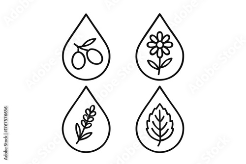 4 outline drops of essential oils with minimal design flat vector illustration style isolated on white background