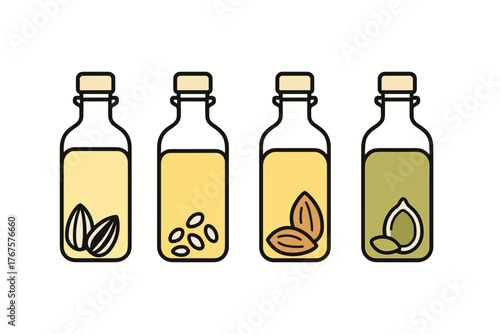 4 outline cold pressed oil bottles with seeds and nuts flat vector illustration style isolated on white background