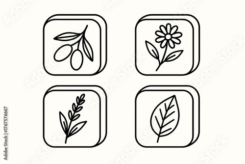 4 outline organic soap bars with botanical decorations flat vector illustration style isolated on white background