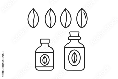 4 outline oat grains and extract bottles flat vector illustration style isolated on white background