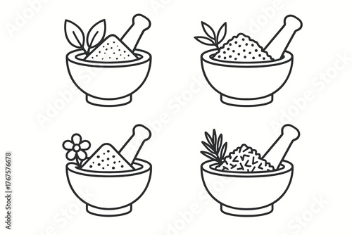 4 outline mortar and pestle with freshly ground botanicals flat vector illustration style isolated on white background