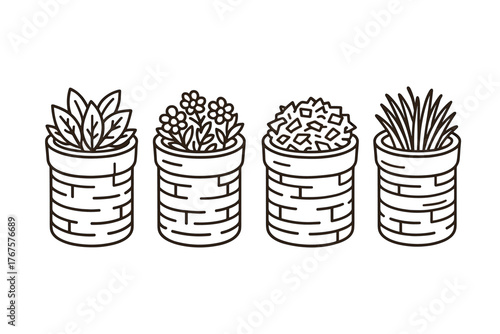 4 outline bamboo containers with herbal blends flat vector illustration style isolated on white background