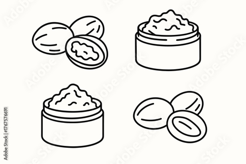 4 outline shea nuts and raw butter containers flat vector illustration style isolated on white background